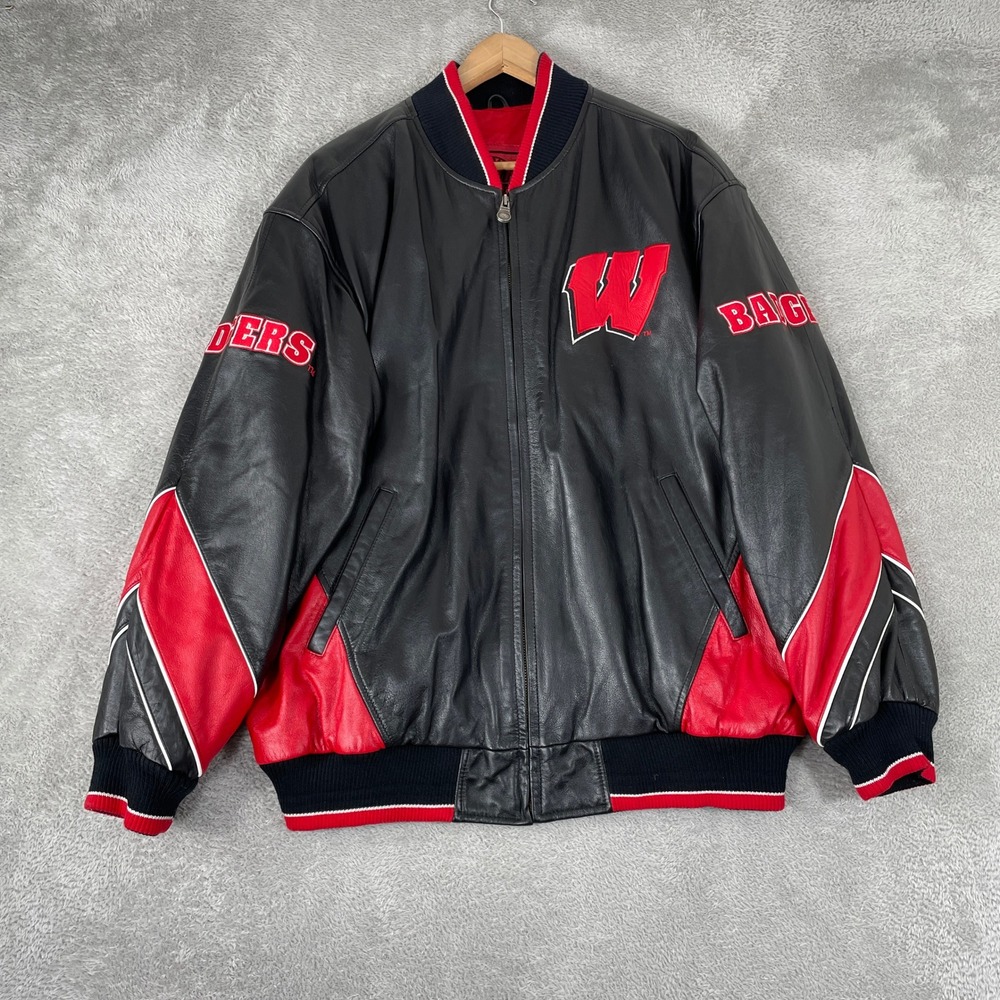 Vintage Wisconsin Badgers Jacket Mens XL Black Red Leather Varsity G-III